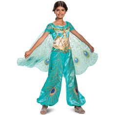 Transport yourself to a whole new world when you wear this cute costume! You can become Princess Jasmine from the live action film, 'Aladdin!' This deluxe costume features beautiful gems and a detached cape so you'll look like royalty! It's the perfect outfit for a princess from Agrabah! Jasmine Costume Kids, Disney 5k, Aladdin Live Action, Aladdin Princess Jasmine, Aladdin Live, Aladdin Costume, Princess Jasmine Costume, Movie Character Costumes, Popular Halloween Costumes