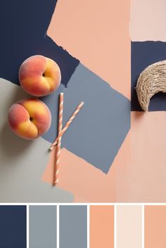 peaches and strawberries on a table with color swatches