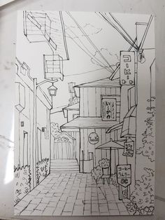 a black and white drawing of an alley