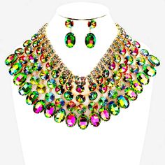 New Pink And Green Vitrail Ab Rhinestone Crystal Bib Collar Necklace Set With Gold Tone Metal Hardware Accent Necklace Is 13" Long Plus A 4" Long Extension Earrings Measures 1.75" Long Great Accent Accessory For You To Accentuate Your Outfit For A Pool Side Party, Beach, Cruise Or Vacation Duds. This Listing Is For The Necklace Set Only . The Other Items Are For Illustration Only But Are Available In My Closet. Thank You For Visiting My Closet Green Gold Necklace, Gold Bib Necklace, Ballroom Jewelry, Beads Rings, Shoulder Jewelry, Flower Makeup, Multi Necklace, Love Is Real, Evening Jewelry