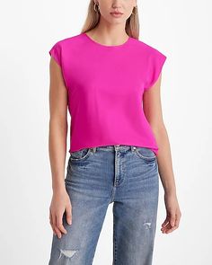 Crew Neck Gramercy Tee | Express Chic Fitted Top T-shirt For Day Out, Chic Crew Neck Top For Day Out, Trendy Fitted Crew Neck Blouse, Chic Pink Relaxed Fit Top, Chic Pink Tops For Everyday Wear, Chic Pink Everyday Tops, Chic Pink Tops For Everyday, Fitted Crew Neck Top For Day Out, Pink Crew Neck Top For Work