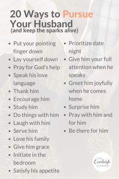 a poster with the words 20 ways to pursue your husband and keep them sane