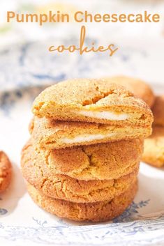 pumpkin cheesecake cookies stacked on top of each other with the words, pumpkin cheesecake cookies