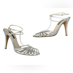 Purple Label Chic Silver Wedding Shoes With Heel Strap, Leather Closed Toe Wedding Shoes For Gala, Leather Closed-toe Wedding Shoes For Gala, Chic Silver Open Heel Wedding Shoes, Silver Sandals With Leather Sole For Party, Luxury Silver Heels With Leather Sole, Elegant Sandals With Reinforced Heel And Almond Toe, Luxury Wedding Shoes With Wrapped Heel And Round Toe, Elegant Closed Toe Sandals For Galas