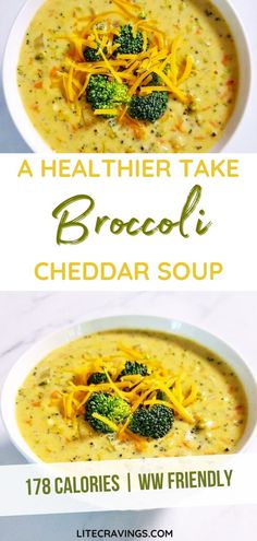 broccoli cheddar soup in a white bowl with text overlay that reads, a healthier take broccoli cheddar soup