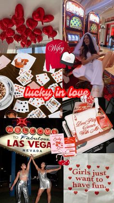 collage of photos with las vegas themed items and text that reads lucky in love