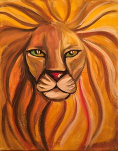 a painting of a lion with green eyes