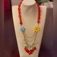 Nwot Trendy Red Green Beaded Floral Flowers Colorful Betsy Johnson Bob Necklace. Besty Johnson, Unique Flower-shaped Colorful Beaded Necklaces, Vintage Red Necklace With Large Beads, Betsey Johnson Fruit Dress, Betsey Johnson Jewelry Necklaces, Betsey Johnson Clothes, Betsey Johnson Bracelet, Flowers Colorful, Summer Backyard