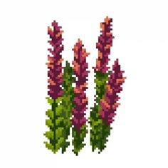 three purple flowers with green leaves are shown in this pixel art style image on a white background