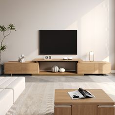 a living room scene with focus on the entertainment center and large screen tv mounted to the wall