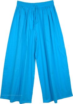 Cerulean Blue Elephant Leg Hollywood Pant - A split skirt pant in a charming blue - a perfect wide leg pants for summer season. Comfort and freedom are yours in this beautiful pure cotton fabric pants - Made of cotton these skirt-pants are airy and comfortable with elastic and drawstring. The skirts have wide legs, ideal to idle away your evening or weekend in style!; Material: 100% Cotton; Waist: 28" - 36" (elastic with drawstring) Length: 39", Inseam: 25"; Care: Hand wash separately in cold wa Beach Wide Leg Cotton Pants, Blue Pants For Summer, Blue Relaxed Fit Wide Leg Pants, Blue Ankle-length Bottoms For Spring, Blue Ankle-length Pants For Spring, Blue Ankle-length Spring Pants, Relaxed Fit Cotton Wide-leg Culottes, Spring Ankle-length Blue Bottoms, Spring Blue Wide Leg Pants