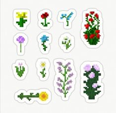 the pixel stickers are all different shapes and sizes, with flowers in each one