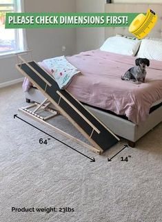 a dog sitting on top of a bed with measurements for it's frame and mattress