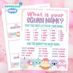 a pink and blue baby shower game with the words what is your sushi name?