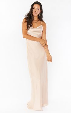 The Tuscany is a floor length slip dress drapes in the most flattering way from being cut on the bias. The cowl neckline is ultra chic for a range of bust sizes with a bult in shelf bra lining and criss cross straps that help you feel secure. Whether you're a bridesmaid, bride, or guest this new maxi will be a formal dress you keep going back to. Cape May Wedding, How Many Bridesmaids, Mumu Wedding, School Wedding, Champagne Dress, May Wedding, Dress Champagne, Dress Drape, Girls Together