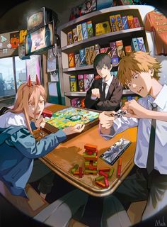 an anime scene with three people playing a board game on the table in front of them