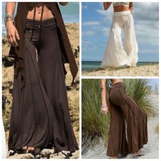 Baggy Full-length Beach Pants, Baggy Full-length Pants For Beach, High Waist Hippie Pants For Spring, Baggy Full-length Summer Pants, Non-stretch Brown Pants For Beach, Summer High Waist Baggy Yoga Pants, Spring Hippie Fitted Pants, Full Length Summer Pants, Bohemian Stretch High-waisted Wide Leg Pants