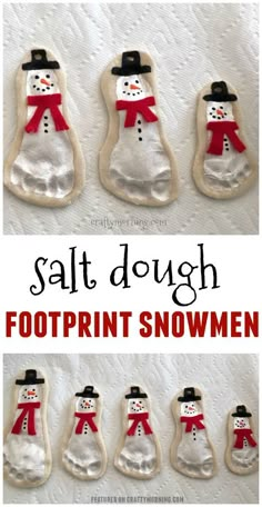 salt dough footprints with snowmen on them and the words salt dough footprints written in red