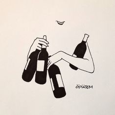 a drawing of a woman holding two wine bottles in one hand and an empty bottle in the other