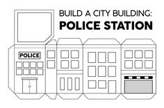 a police station is shown with the words build a city building in black and white