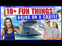 a woman pointing at the camera with two men in front of her and text reading 10 fun things to bring on a cruise