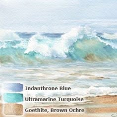 watercolor painting of ocean waves and the words indiana blue, ultramarine turquoise, goethite, brown ocre