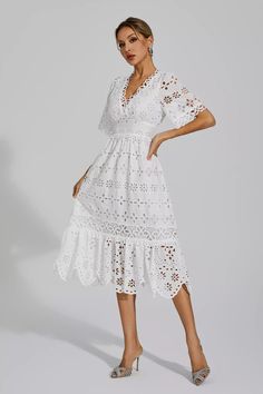 White V-neck Dress With Floral Embroidery, White Maxi Dress With Scalloped Lace V-neck, Spring Maxi Dress With Scalloped Lace For Garden Party, Spring Garden Party Maxi Dress With Scalloped Lace, Summer V-neck Lace Dress, Elegant Fitted Broderie Anglaise Midi Dress, White V-neck Lace Dress With Lace Trim, Midi Dress With Cutwork Hem And Short Sleeves, Elegant Midi Embroidered Dress With Lace Trim