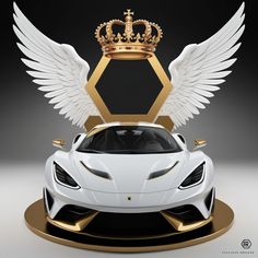 a white sports car with wings and a golden crown on it's head, in front of a black background