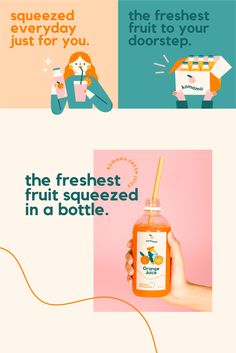 a person holding an orange juice in front of a pink background with the words, freshest fruit squeezed in a bottle