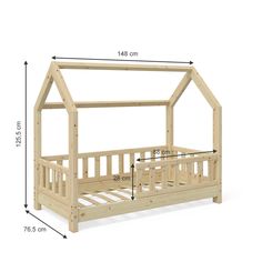 a wooden bed frame with measurements for the top and bottom bunk, which is made from wood