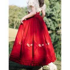 A classic dress embroidered with sweet red strawberries. The bright red strawberries drawn along with the geometrically arranged embroidery look like a framed painting. The back is decorated with lace-up, the waist part is decorated with ribbons, and the skirt part is decorated with ruffles. You will be fascinated by the graceful silhouette that gently spreads out. 
 
 
 Reservation deadline 
 
 December 12th (Tuesday) 13:00 
 
 
 Item 
 
 Skirt (long length) 
 Skirt (middle length) 
 Corset 
 B Red Dress With Ruffles And Long Skirt, Fitted Red Dress With Gathered Skirt, Traditional Red Dress With Long Skirt, Traditional Red Long Dress, Traditional Long Red Dress, Red Gathered Skirt Dress For Summer, Red Embroidered Cotton Skirt, Vintage Red Ruffled Skirt, Red Long Dress With Ruffled Skirt