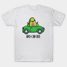 a white t - shirt with an image of a bird driving a green car