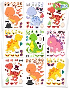 the dinosaur stickers are all different colors and sizes, including one with a top hat