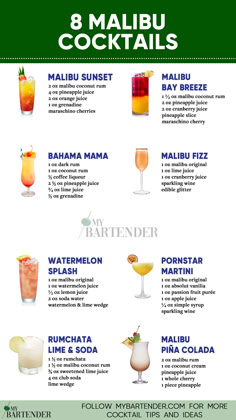 Malibu Cocktails Drinks To Make With Malibu, Malibu Mixed Drinks, Malibu Rum Drinks, Malibu Cocktails, Rum Drinks Recipes, Malibu Drinks, Iced Drinks Recipes