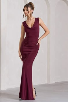 Lolita Burgundy Ruched Cowl-Neck Sleeveless Maxi Dress – Club L London - USA Burgundy Dress Formal Maxi, Elegant Dresses Wine, Deep Red Dress Wedding, Elegant Deep Red Dresses, Bridemaid Dress Burgundy, Burgundy Red Bridesmaid Dress, Dark Burgundy Long Dress, Formal Maroon Dress Long, Bordeux Bridesmaid Dress