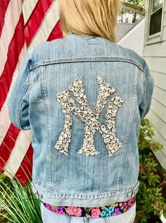 Dance Team Jacket Ideas, Upcycle Sport Clothes, Football Jean Jacket Girlfriend, Denim Diamonds Theme Outfit, Jean Jackets Diy, Jean Jacket Diy Upcycling, Redesign Clothes Diy, Bling Denim Jacket, Homemade Outfits