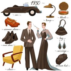 Vintage couple and furniture objects, 1930s years Iconic Hairstyles, Stylish Umbrella, Vintage Couple, T Strap Shoes, Bonnie And Clyde, Hair Up Or Down, Vintage Couples, Fur Stole, Feather Headband