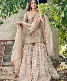 Long Kameez With Lehenga, Nikkah Sharara, Long Shirt Lehenga, Lehenga With Long Shirt, Mosque Nikkah, Pakistani Designer Dress, Dress Nikah, Sharara Style, Sharara Dress