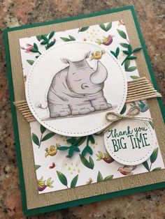 a close up of a card with a rhino on it's face and the words thank you, big time