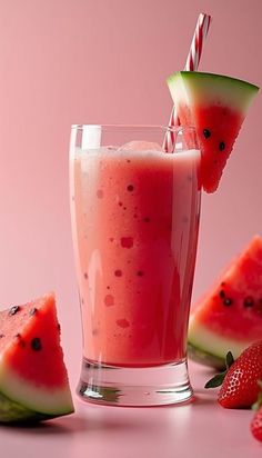 watermelon and cucumber drink with strawberries on the side