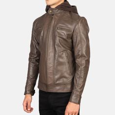 This brown hooded leather jacket has a rugged, elegant look and a polished appearance. This jacket is made of premium quality full-grain leather and combines classic vintage hooded jacket style with contemporary fashion. Its quilted polyester lining makes it warm, durable, and luxurious. The features of this brown leather jacket with a detachable hood are the best option for cooler days. This sleek, tailored-fit biker jacket has a zippered chest and side pockets, adding a rugged element to its a Brown Hooded Leather Jacket With Detachable Hood, Fitted Leather Hooded Jacket With Long Sleeves, Fitted Leather Hooded Jacket For Fall, Classic Fall Hooded Jacket With Double-lined Hood, Classic Hooded Leather Jacket For Winter, Fitted Leather Outerwear With Double-lined Hood, Brown Leather Jacket With Detachable Hood, Fitted Leather Jacket With Double-lined Hood, Classic Hooded Jacket With Detachable Hood