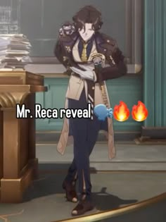 an animated image of a woman standing in front of a desk with the caption mr reca reveal