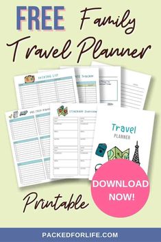 the free travel planner printable is shown with text that reads, free family travel planner print