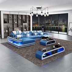 modern living room with blue and white furniture