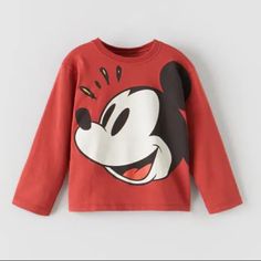 Nwt. Zara Baby Red Mickey Mouse Disney Print T-Shirt With Round Neckline, Long Sleeves And A Front And Back Print. Size 18-24. Ref. 2926/502. 1020. T Shirt Front And Back, Disney Baby Clothes, Mickey Mouse Shirt, Disney Print, Baby Red, Red Long Sleeve Shirt, Disney T Shirt, Mickey Mouse Shirts, Pink Long Sleeve Tops