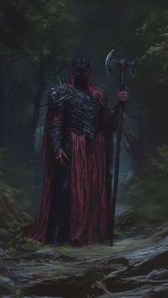 a painting of a man dressed in black and red holding a sceptacle standing on a path