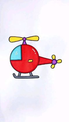 a drawing of a red helicopter flying in the sky with two yellow and blue propellers