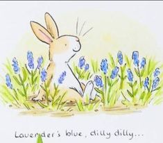 a drawing of a rabbit sitting in the grass with blue flowers around it and an inscription that says lavender's blue, lily