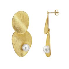 These gorgeous 14k gold over sterling silver freshwater cultured pearl oblong shape drop earrings are a must-add to your wardrobe. These gorgeous 14k gold over sterling silver freshwater cultured pearl oblong shape drop earrings are a must-add to your wardrobe. Length: 48 mm Backings: post Metal: sterling silver Plating: 14k gold Finish: textured Packaging: boxedCULTURED PEARL DETAILS Pearl type: freshwater Pearl size: 8 mm Shape: button Color: white Gemstones may have been treated to enhance th Modern Gold Pearl Earrings In Sterling Silver, Gold Oval Pearl Earrings In Sterling Silver, Gold Oval Sterling Silver Pearl Earrings, Gold Oval Pearl Earrings Fine Jewelry, Textured Packaging, White Gemstones, Post Metal, Pearl Details, Pearl Types