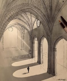 a drawing of a person standing in an old building with arches and arched doorways